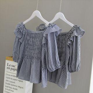 Square-neck Plaid Two Tone Ruffle Blouse