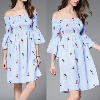 3/4-sleeve Off Shoulder Floral Embroidery Striped Dress