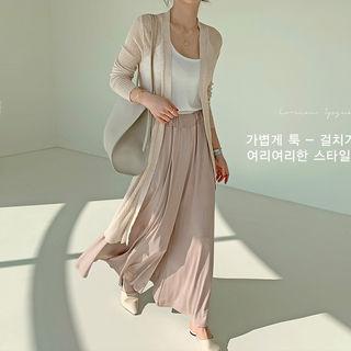 Sheer Knit Open Long Cardigan Beige - One Size
