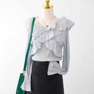V-neck Plain Pleated Ruffle Blouse