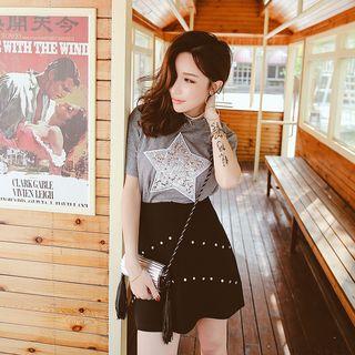 Set: Sequined Star Short-sleeve Top + Skirt