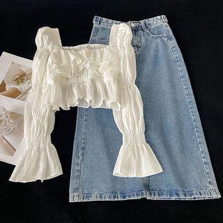 Flare-sleeve Square Neck Plain Blouse / Denim A-line Midi Skirt