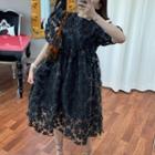 Embroidered Print Mesh Puff-sleeve Midi Dress Black - One Size