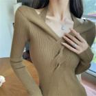 Long-sleeve Plain Slim-fit Halter Knit Dress Khaki - One Size
