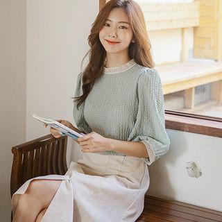 Crochet-trim Puff-sleeve Embossed Blouse