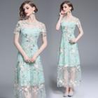 Flower Embroidered Short-sleeve Maxi A-line Dress