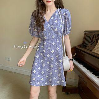 Puff-sleeve Floral Print A-line Dress Purple - One Size