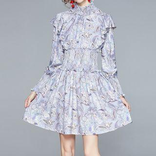 Long-sleeve Ruffle Trim Floral Print Mini Dress