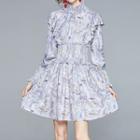 Long-sleeve Ruffle Trim Floral Print Mini Dress