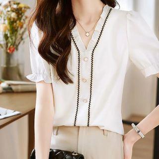 Puff-sleeve Embroidered Trim Ruffled Blouse