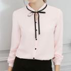 Long-sleeve Ribbon-neck Blouse