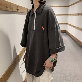 Elbow-sleeve Embroidered Zip Polo Shirt