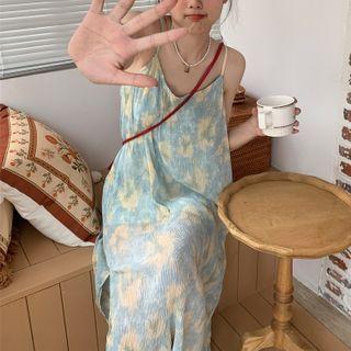 Spaghetti-strap Print Midi A-line Dress Light Green - One Size