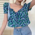 Short-sleeve Ruffle Trim Floral Cropped Blouse Green & Blue - One Size