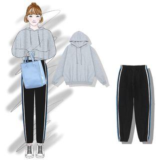 Plain Hoodie/ Contrast-trim Jogger Pants