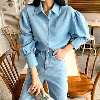 Balloon-sleeve Stitched Denim Blouse