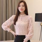 Stand-collar Puff-sleeve Lace Blouse
