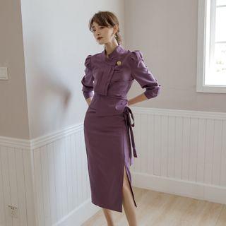 Set: Plain Elbow-sleeve Blouse + Midi Pencil Skirt
