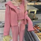 Drawstring Tank Top + Zipped Hooded Long-sleeve Jacket / High-waist Front-slit Pants