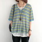 Mock Two-piece Short-sleeve Striped Knit Top