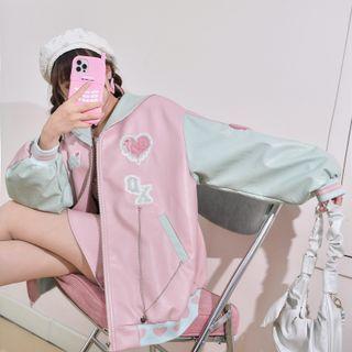 Applique Sailor Collar Faux Leather Zip Jacket