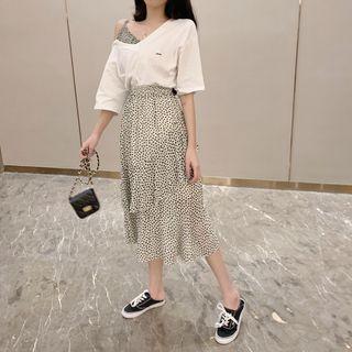 Mock Two-piece Short-sleeve T-shirt / Midi Layered Skirt