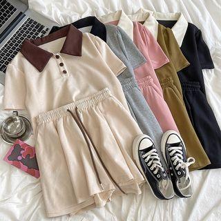 Set: Short-sleeve Color Block Polo Collar T-shirt + Drawstring A-line Skort