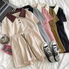 Set: Short-sleeve Color Block Polo Collar T-shirt + Drawstring A-line Skort