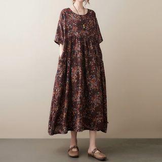 Short-sleeve Floral Midi A-line Dress Coffee - One Size