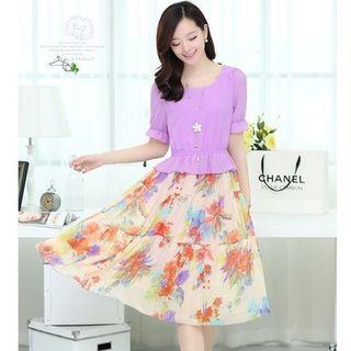 Short-sleeve Mock Two Piece Floral Midi Dress