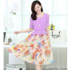 Short-sleeve Mock Two Piece Floral Midi Dress