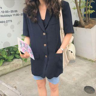 Elbow-sleeve Single-breasted Blazer Black - One Size