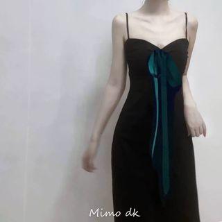 Spaghetti Strap Bow Accent Midi Sheath Dress Black - One Size