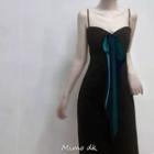Spaghetti Strap Bow Accent Midi Sheath Dress Black - One Size