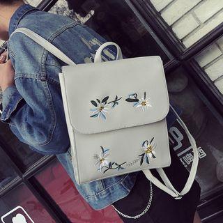 Faux-leather Flap Embroidery Backpack