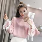 Lace Trim Lace Long-sleeve Top