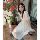 Puff-sleeve Collar Ruffled A-line Dress Champagne - One Size