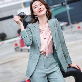 Set: Plaid Blazer + Straight-cut Pants + Blouse