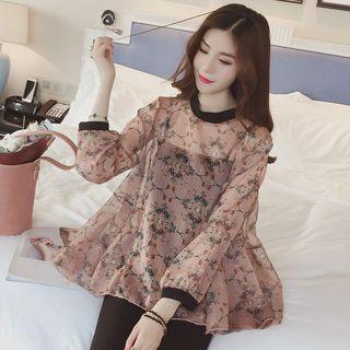 Set: Floral Print 3/4 Sleeve Chiffon Top + Plain Camisole Top
