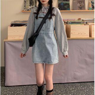Long-sleeve Cropped Hoodie / Denim Overall Dress