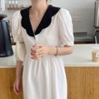 Short-sleeve Frill Trim Color Block Loose Fit Dress