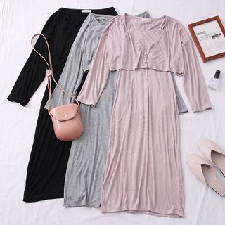 Set: Sleeveless Midi Dress + Cropped Long-sleeve Light Cardigan