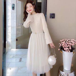 Faux Pearl Mesh Overlay A-line Midi Knit Dress