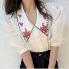 Elbow-sleeve Embroidered Collar Blouse