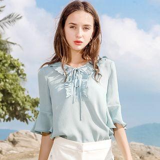 Elbow-sleeve Ruffled Lace-up Chiffon Blouse