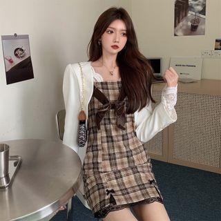 Plain Loose-fit Blazer / Lace Long-sleeve Top / Plaid Split Dress