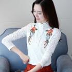Mock Turtleneck Flower Embroidered Long-sleeve Lace Top
