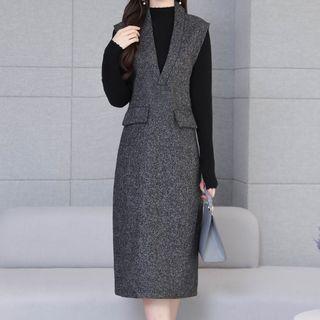 Mock-neck Long-sleeve Knit Top /  V-neck Sleeveless Sheath Dress / Set