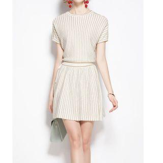 Striped Short-sleeve Mini A-line Dress Off-white - One Size