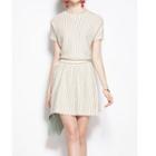 Striped Short-sleeve Mini A-line Dress Off-white - One Size